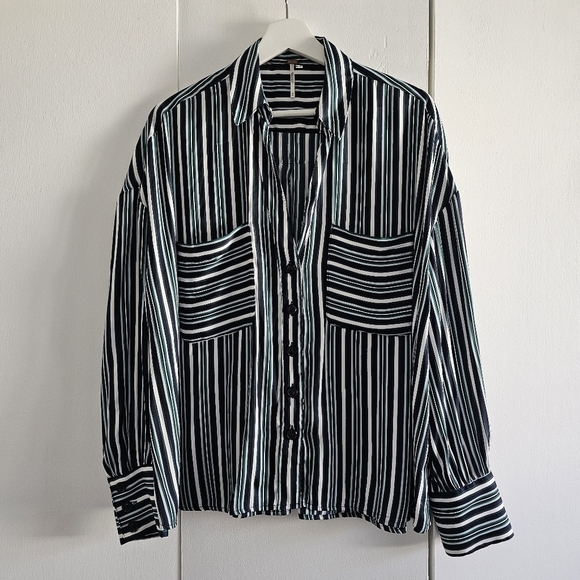 Free People Mad About You Button Down Shirt Top Navy Green Striped Size M - Picture 2 of 5